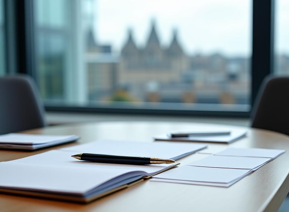 Solicitor's desk with a clearly organised case file, handwritten meeting notes and a pen beside a window overlooking London