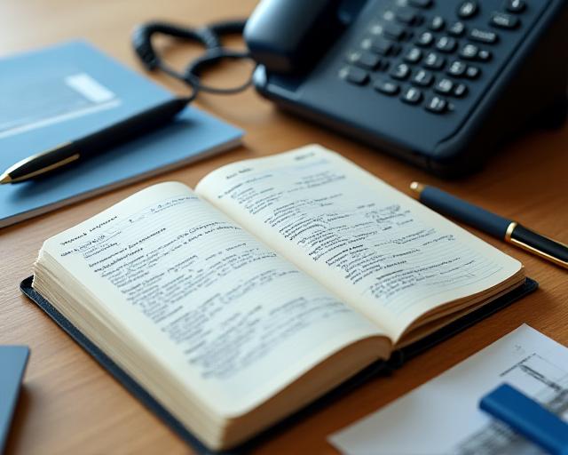Open legal diary with a court date and urgent notes beside a telephone on a desk