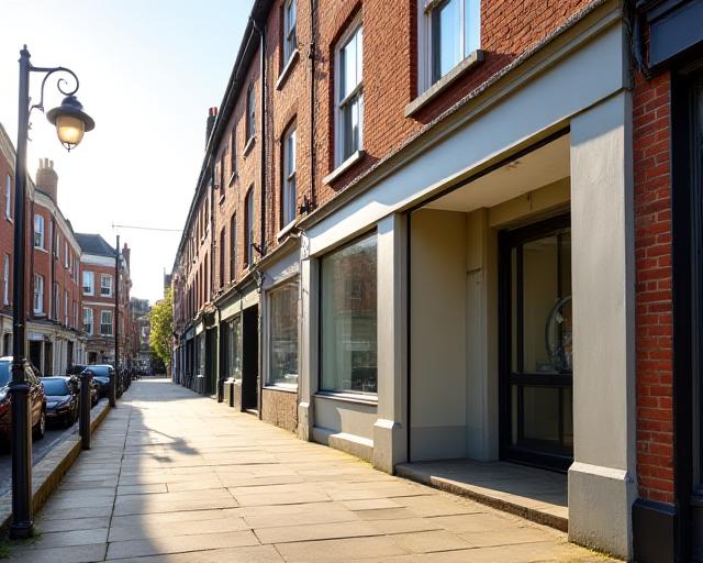 Sunlit White Hart Street office entrance in South London with the pavement and neighbouring brick buildings in view