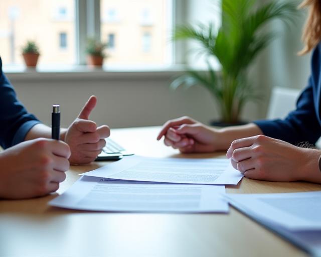 London employee and manager reviewing a workplace agreement together at a bright office table