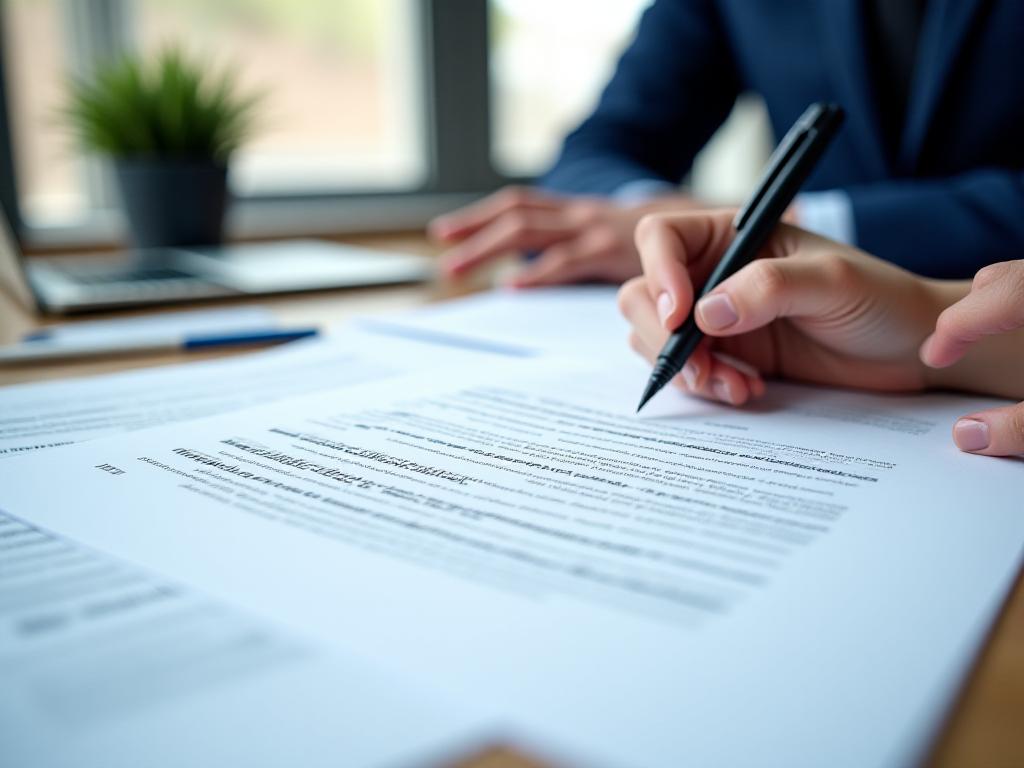 Solicitor reviewing a settlement agreement with a pen beside marked payment and reference clauses